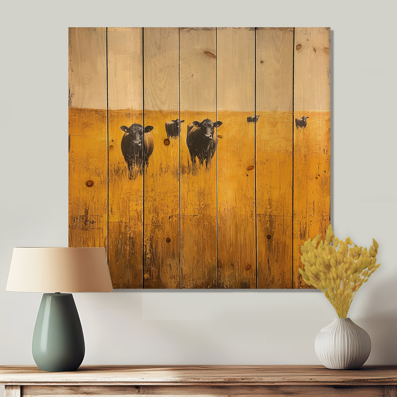 Cows In The Golden Fields I - Countryside Wood Print - On Natural Pine Wood, 15" H x 15" W x 0.78" D