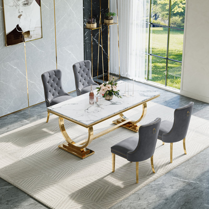 Modern Dining Set – 70" Table With Stainless Steel Base & Velvet Chairs, Black/Gold, 5 Pieces: Table, 4 Chairs, Black/Gold