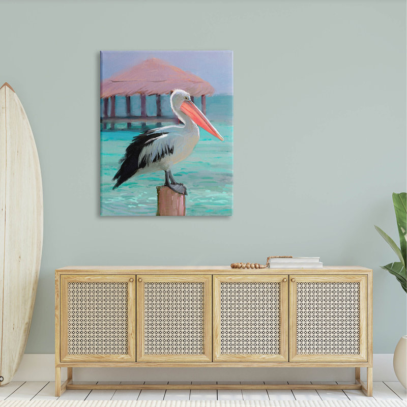 Pélican perché tropical par Ziwei Li - peinture sur toile tendue, H 48 po x l 36 po x P 1,5 po
