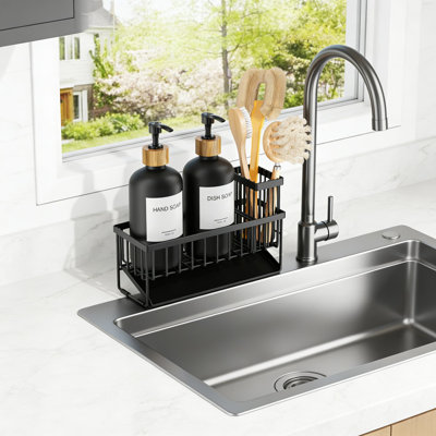 Kitchen Soap Dispenser Set With Sponge Holder - 2 Glass Bottles, Adjustable Stainless Steel Rack, And Beveled Drain Plate For Sink Organization