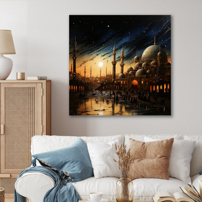 Coucher de soleil sur les festivités de l'Aïd à la mosquée - art mural
