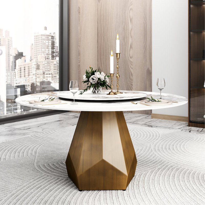 Table ronde en pierre frittée de 58,79 po avec base en métal, disque rotatif blanc de 31,5 po, 8 places, table en laiton antique, rotation de 6 à 8, laiton, touche moderne