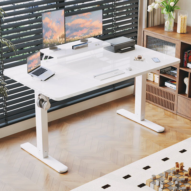 T-Shape Electric Standing Desk With Monitor Stand Memory Smart Pannel Home Office Desk, White, White, 160 W x 70 D
