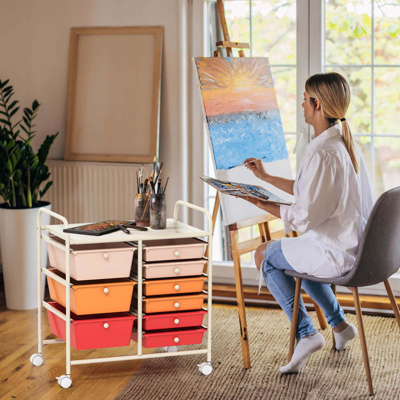 12 Drawers Rolling Cart Storage Scrapbook Paper Studio Organizer Bins, White/Macaron