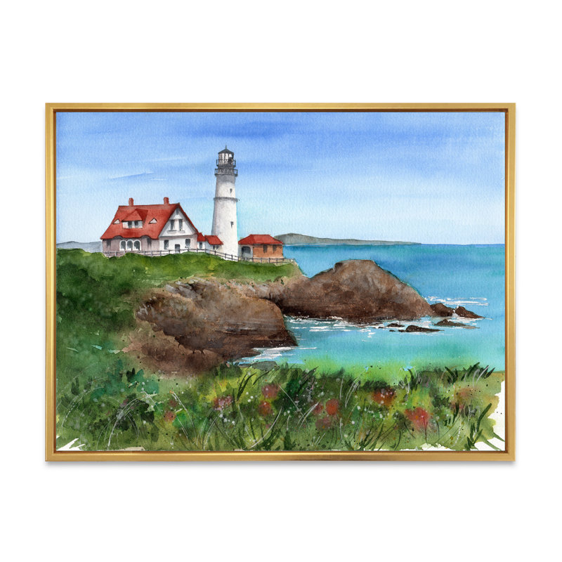 Phare au bord de l'océan - Peinture sur toile, H 30 po x l 40 po, Cadre flottant doré