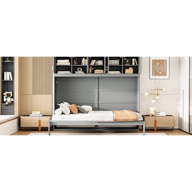 Lit double gris avec armoires - Maximisez votre espace de vie. Support de matelas confortable pour un sommeil apaisant et sans sommier, dans un gymnase à domicile