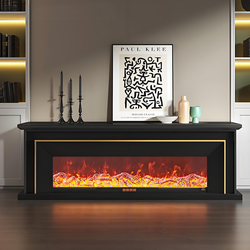 47.24"Retro Black Electric Fireplace, Black, 39.37" H x 47.24" W x 12.60" D