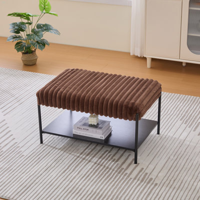 30.7"Wide Upholstered Ottoman Coffee Table Foot Rest With Black Metal Legs,Footstool With Wooden Open Storage Shelf, Faux Fur Foot Stool For Living Room Bedroom Entryway Hotel