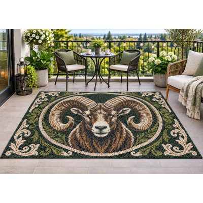 Tapis d'extérieur 152 x 213 cm (5' x 7') à motif tête de bélier et plantes, épais, imperméable, en PVC bouclé, résistant et à séchage rapide, idéal pour terrasse, balcon, entrée, VR ou autre espace de loisirs.