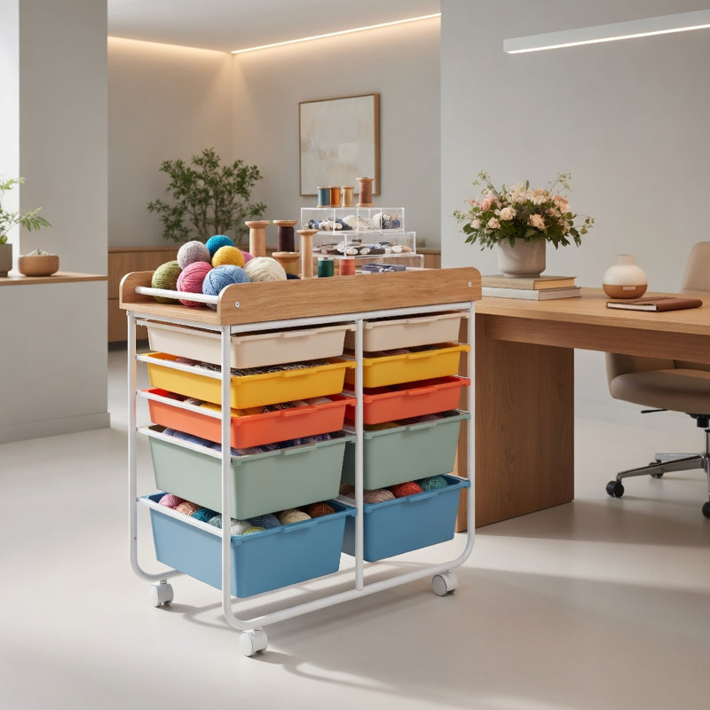  Chariot de rangement roulant à 10 tiroirs avec plateau en bois, roulettes verrouillables et tiroirs doubles, organisateur de bureau naturel + blanc pour la maison, la salle de classe et le studio, Macaron