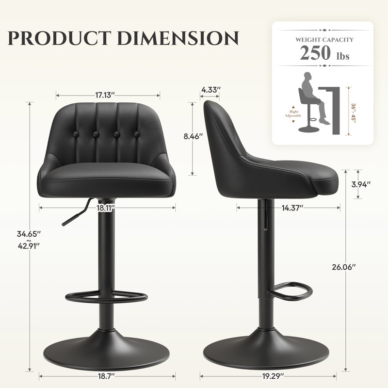 Tabourets de bar pivotants ajustables avec dossier en cuir PU capitonné, Noir, 6