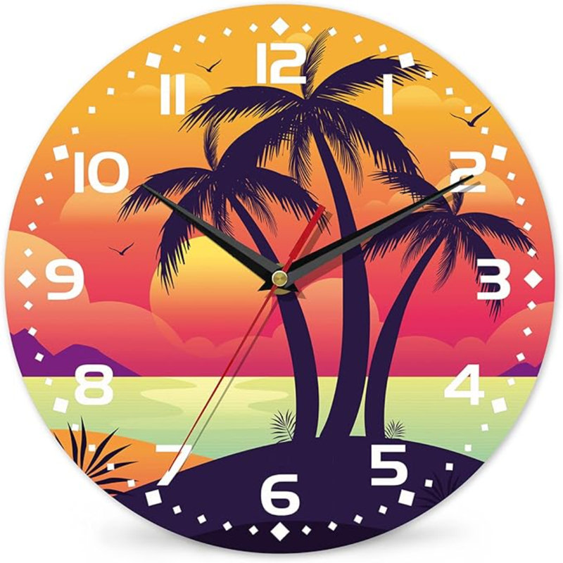 Palmier, coucher de soleil, horloge murale, horloge murale rétro