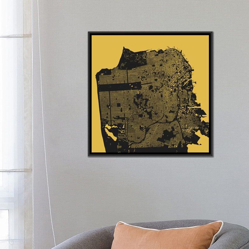 « san francisco », impression sur toile tendue, H 26 po x l 26 po x P 1,5 po, Toile avec cadre noir, Pas de tapis