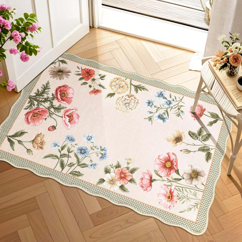 Floral Scalloped Entryway Rug, 2x3 Ft Washable Boho Small Area Rug Non-Slip Low-Pile Indoor Front Door Mat Soft Throw Carpet For Entrance, Bedroom, Kitchen, Bath, Taupe