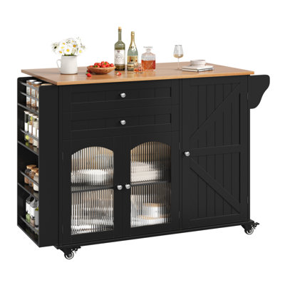 47.2" W Wooden Kitchen Island with 2 Drawers, Lockable Casters