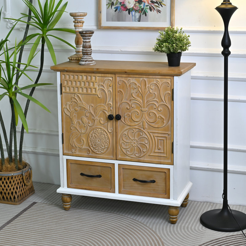 Buffet d'appoint à portes sculptées à motifs floraux, 80 x 36 x 90 cm, bois massif, une pièce, coffre d'appoint, marron et blanc, portes sculptées en relief avec finition vieillie