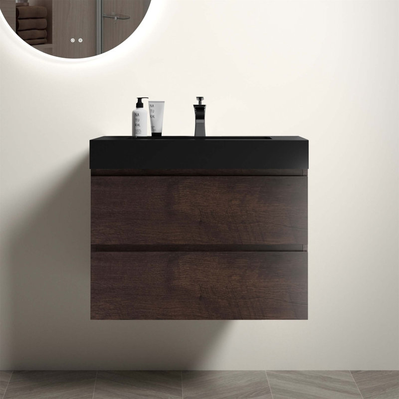 Meuble-lavabo mural flottant avec lavabo et rangement, Brun, Noir
