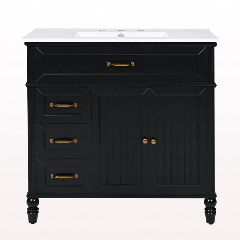 Meuble-lavabo 36 po avec lavabo, armoire de salle de bain noire avec tiroirs, cadre solide et panneau de fibres à densité moyenne, un paquet
