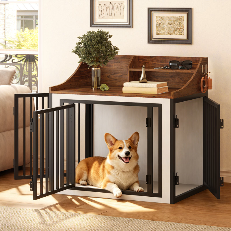 Cage de rangement en bois de 79 cm pour petit chien, niche d'intérieur avec 3 portes, 4 crochets et étagère de rangement, blanc et brun