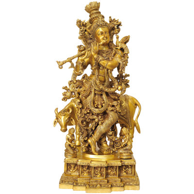 Statue 28 "Venugopala Krishna en laiton fait à la main avec piédestal Bal Leela - Grande sculpture divin flûtiste fabriquée en Inde