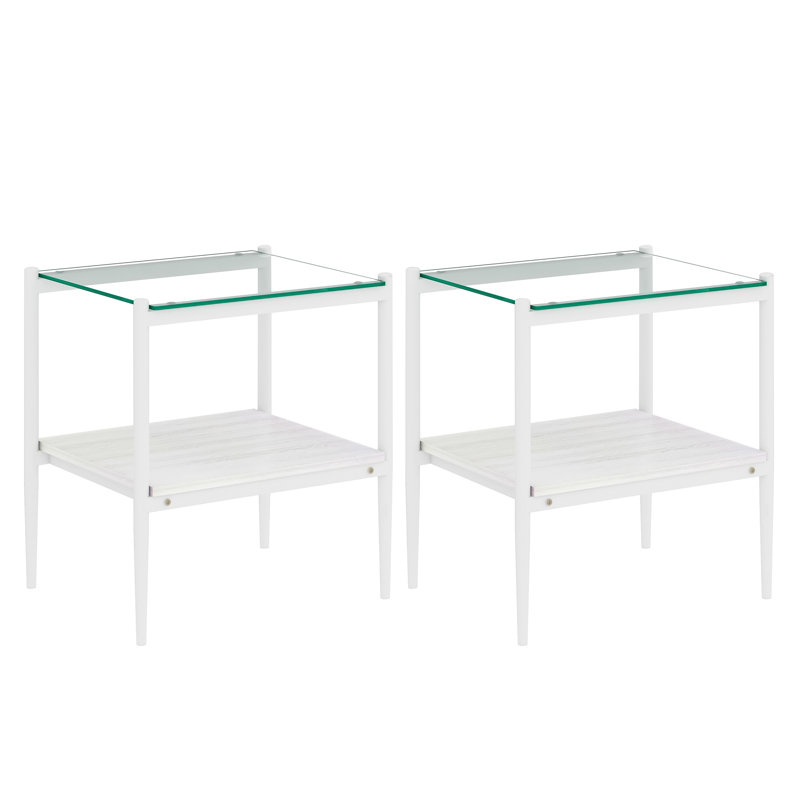 2-piece Modern End Tables Rectangle Side Table with Tempered Glass Top & MDF Storage Shelf, Living Room Accent Tables, Clear