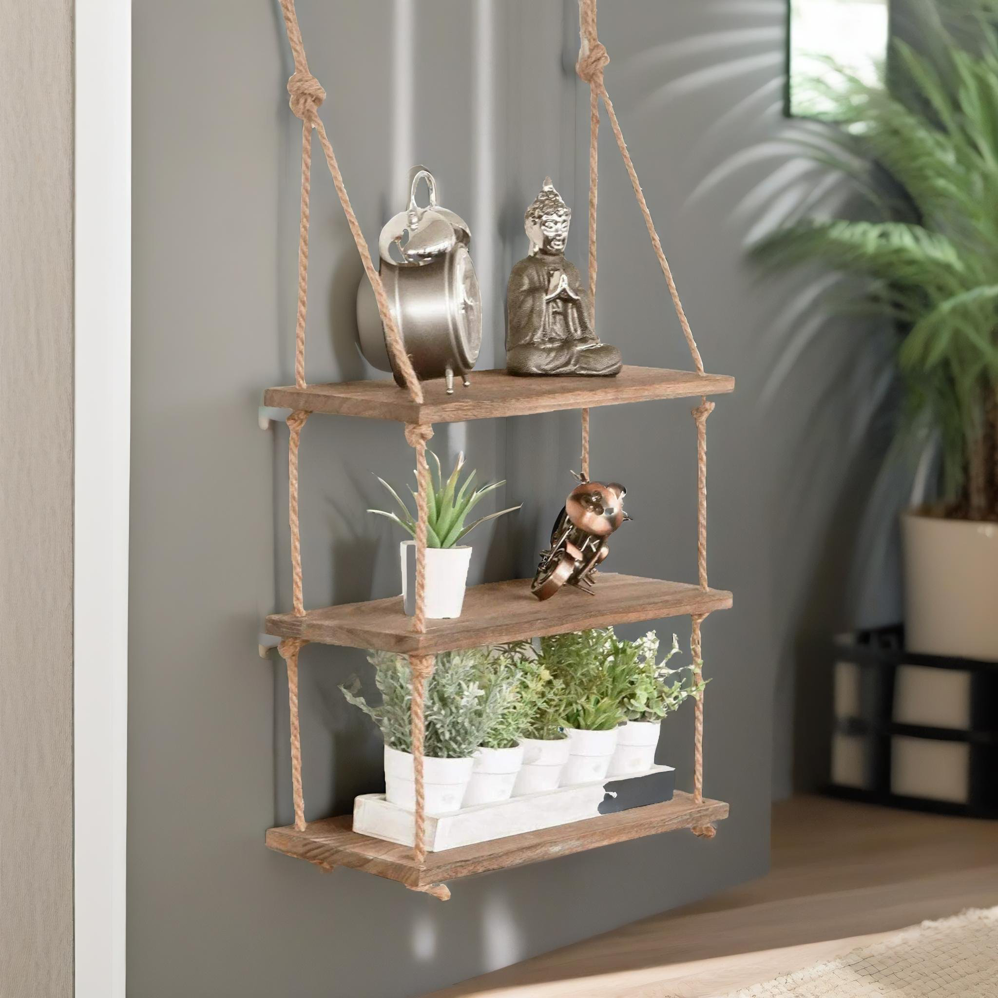 Mason Furniture 3 Tier Wooden Floating Rope Shelf Wall Mounted