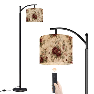 PeeNoke Arc Floor Lamp Vintage Floral Red Cream Roses Tall Modern Standing Lamp LED Adjustable Linen Lampshade 3 Color Temperatures