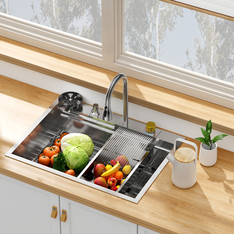 30 inch High-Quality Waterfall Kitchen Basin Set 304 Stainless Steel Single Bowl with Pull-Out Faucet Drain Assembly Chopping Board & Accessories Brushed Nickel Finish