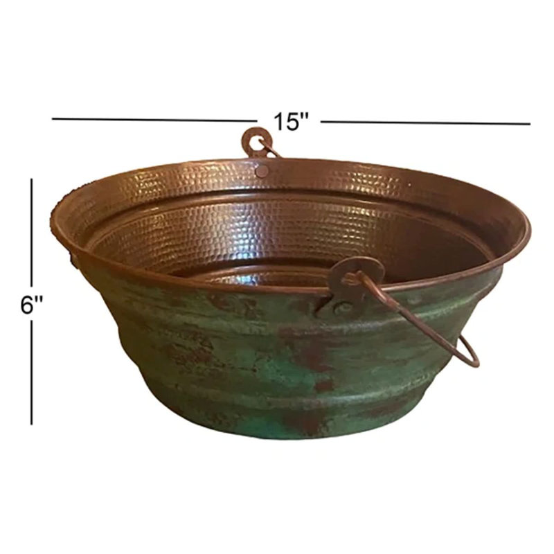 15" Round Copper Vessel BUCKET Bathroom Sink with Green Patina Exterior, Drain Included