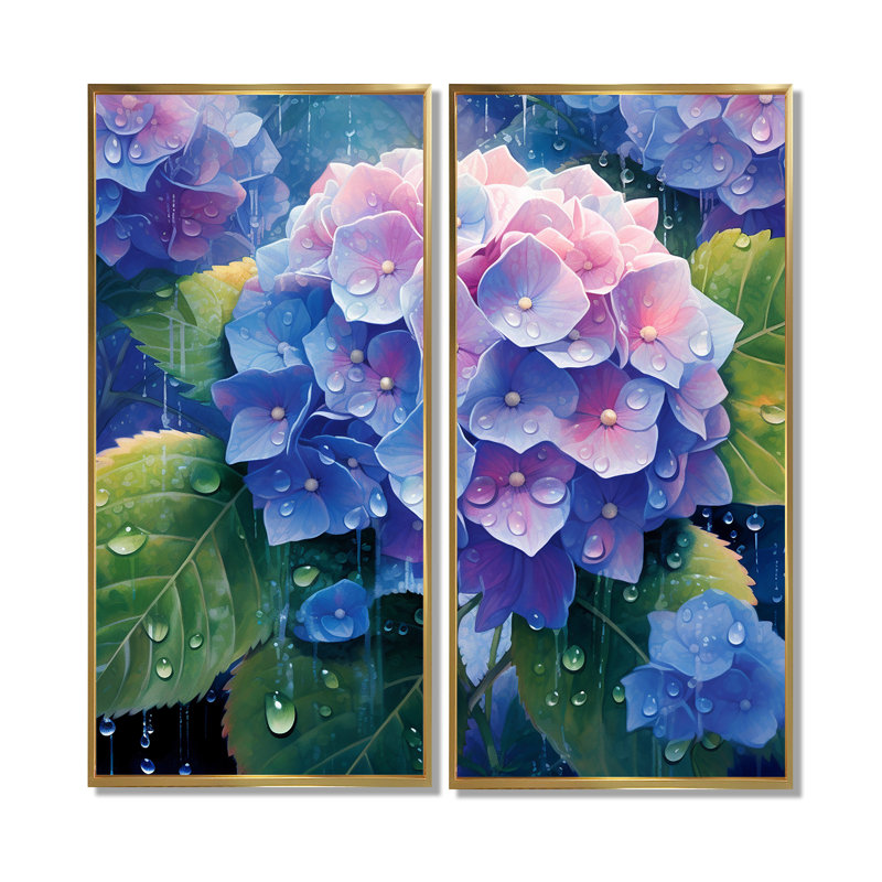 Hortensia bleu et vert - art mural traditionnel 2 panneaux, 32" H x 32" W, Impression encadrée flottante, Gold