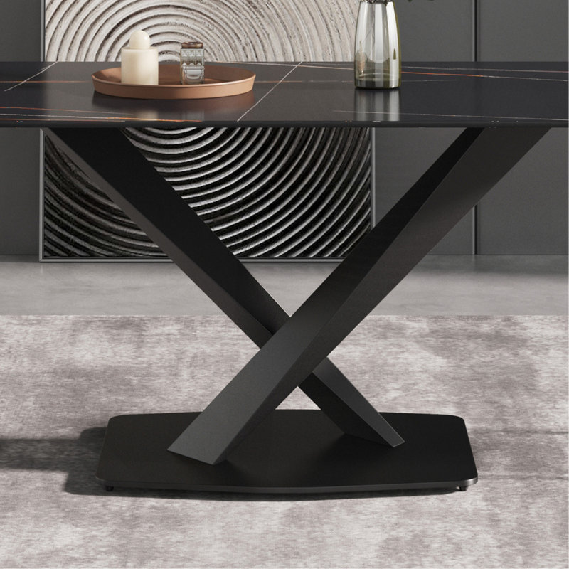 Contemporary Artificial Stone Straight Edge Dinig Table with  Metal Leg, Black, Black, 29.53" H x 55.12" W x 31.5" D