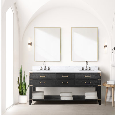 Meuble-lavabo double en chêne noir, plateau en marbre poli à la main, 34 po Miroirs, système de fermeture en douceur, fermeture scellée à la maison, miroirs