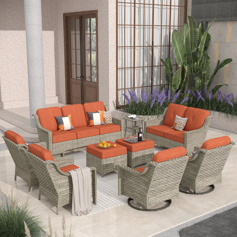 Porretto 9 - Person Patio Conversation Set with Cushions, Striped Orange