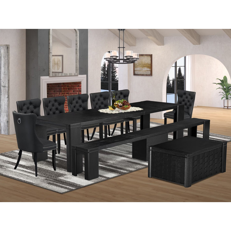 10-piece Xtenczar Dining Table Set a Rectangular Kitchen Table with a coffee Table and wooden Benches 7 Dark Grey Polyester Fabric Dinner Chair, Wire Brushed Black