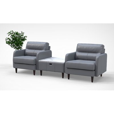 2 Person Waiting Room Reception Chairs with Charging Tables Set 100% Genuine Leather 4pc Set Color Gray