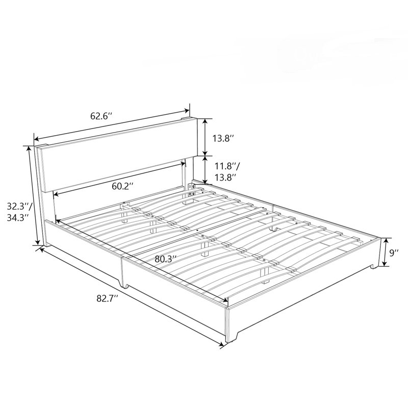 Avel Simple Rectangular Upholstered Platform bed, Queen, Black Faux Leather