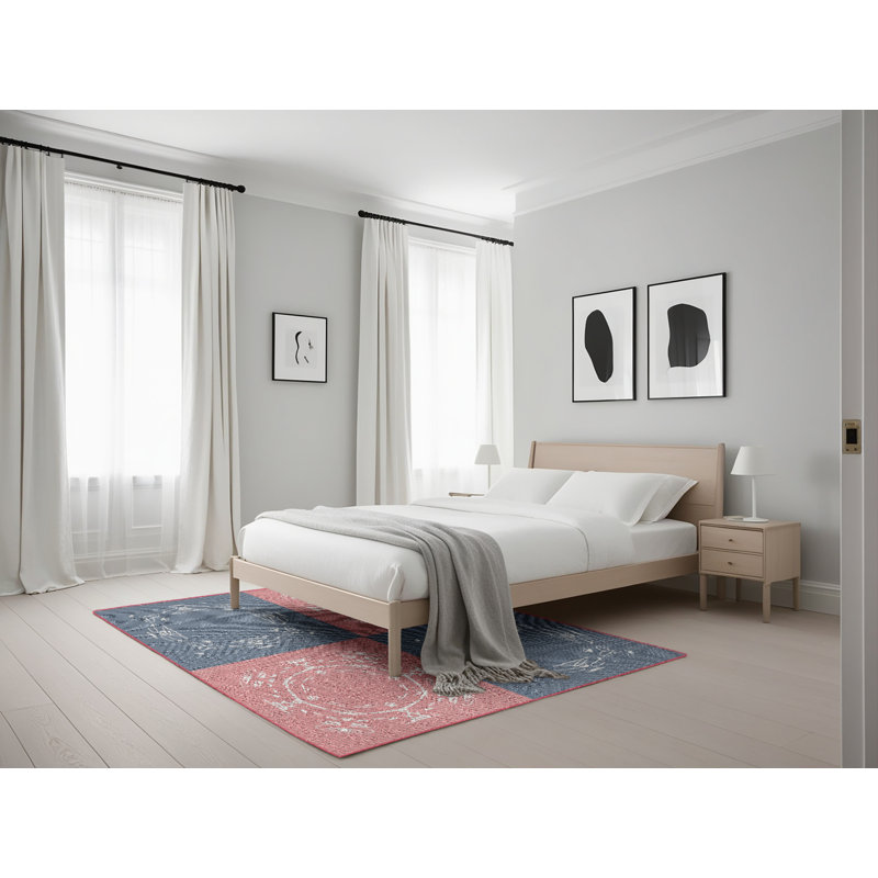 Tapis gris/zone rose à motifs, Rectangle 5 pi x 7 pi