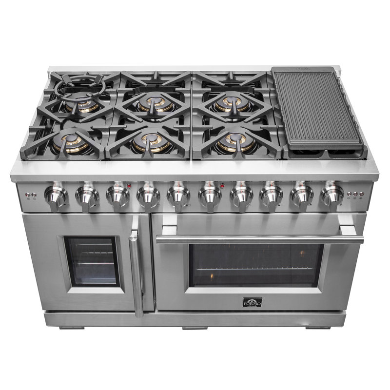 Capriasca 48-inch French Door Gas Range Stainless Steel, 8 Brass Burners, 6.58 cu.ft. Double Ovens