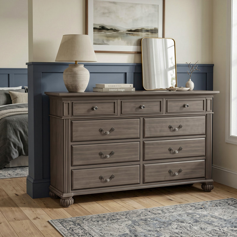 Aime 64''W 9-Drawer Wood Dresser, Gray