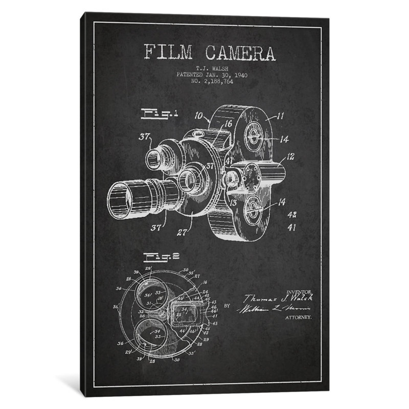 « camera charbon de brevets », affiche rétro sur toile tendue, H 26 po x l 18 po x P 1,5 po