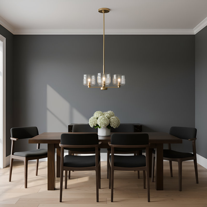 Lochdale Dining Room Chandelier With Clear Ribbed Shade, 10.25" H x 17.875" W x 17.875" D, Satin Brass, 3 Lights