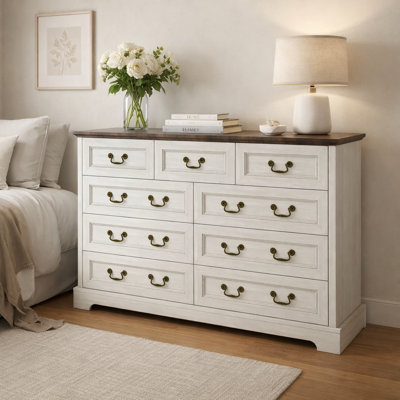 55.1" Farmhouse 9-Drawer Double Dresser and Media Console, Grey