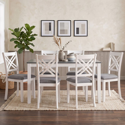 Modern Rectangular Dining Set with Wood Table and 6 Upholstered Linen Chairs,  X-Back Design