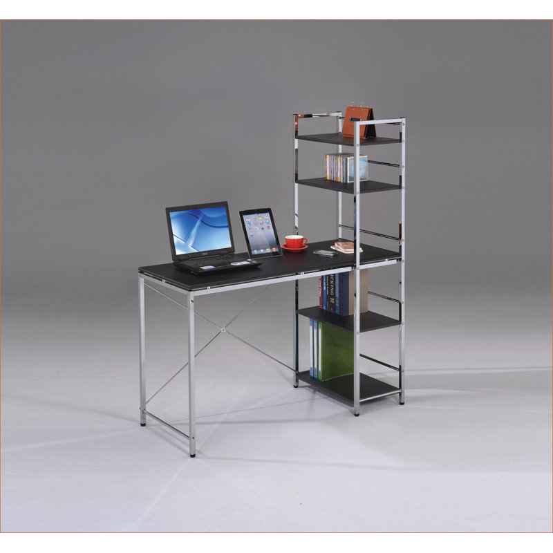 Bureaux, noir industriel & amp; Bureau d'écriture chromé avec 4 tablettes | H 54 po x l 47 po x P 20 po | Noir + argent | Bois + métal