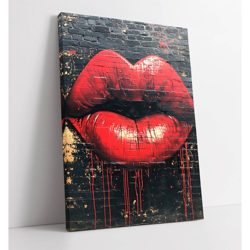 Red Heart Shaped Lips Contemporary Graffiti Canvas Wall Art Print Picture , 30 cm H x 20 cm W