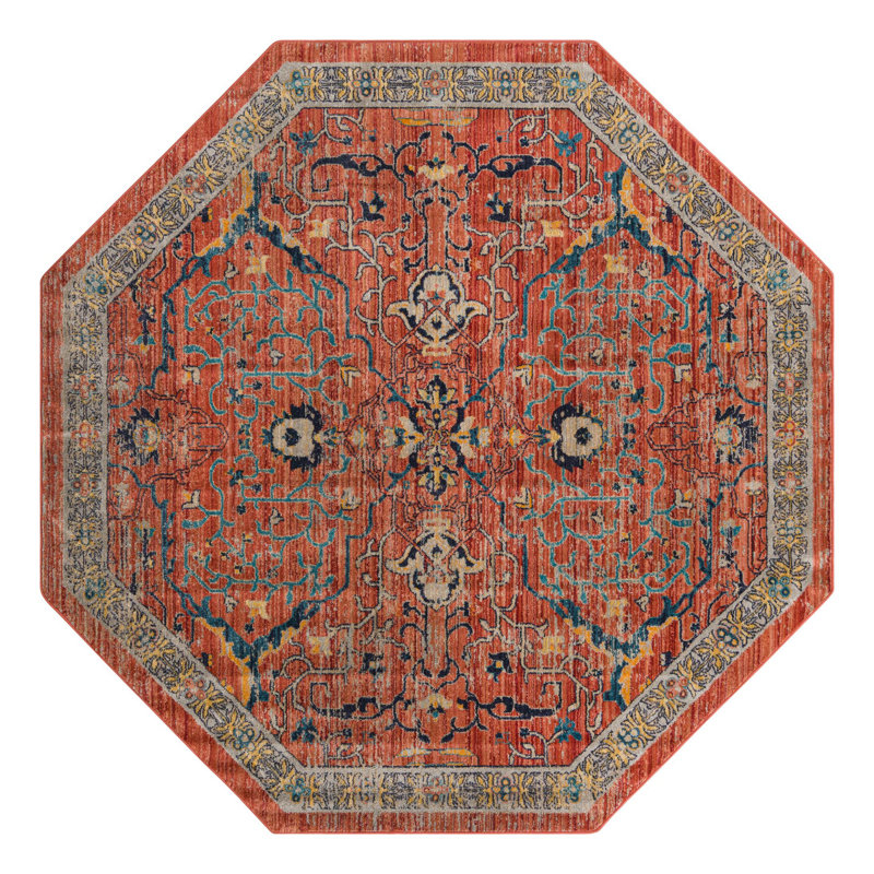 Tapis rouge brique à motif floral Alkire, Octogone 7 pi 10 po x 7 pi 10 po