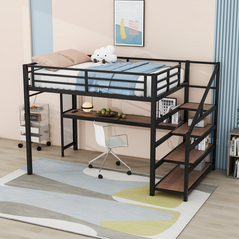 Lit mezzanine en métal avec bureau intégré, escalier de rangement, lumières DEL et ports USB, Double, Noir