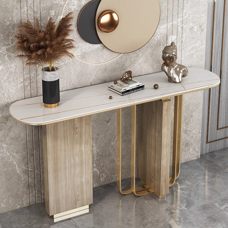 Console légère de luxe moderne, H 33,5 po x l 70,9 po x P 13,8 po, Or / Burlywood, Blanc