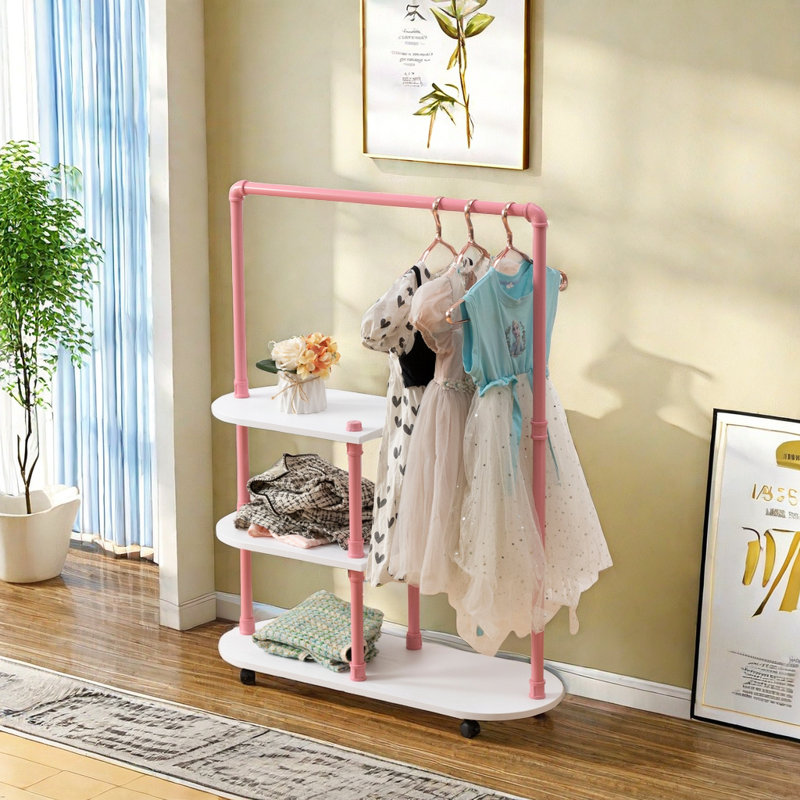 Kids Clothing Rack - Kids Costume Garment, Bottom Storage Shelf, Small Metal Dress Up Rack For Baby, Toddler, Children, Girls - Pink