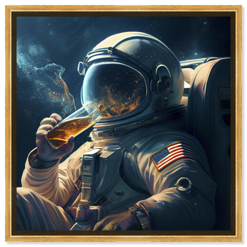 «Astronaut Drinks Beer Canvas» par Art Remedy, Cadre doré, H 25 po x l 25 po